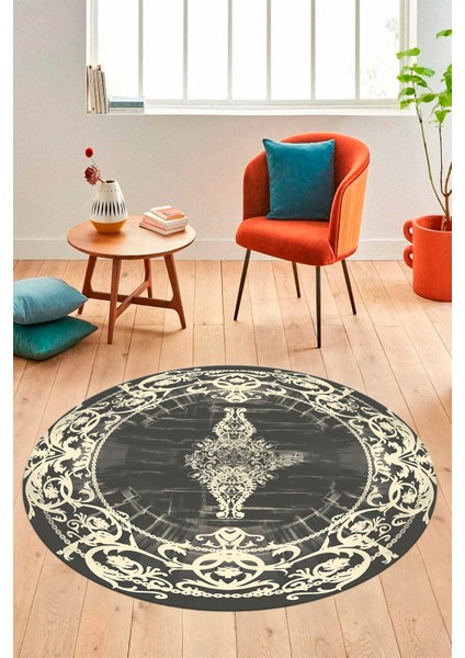 Klasik Çerçeve Desen Modern Yıkanabilir Yolluk Mutfak Yuvarlak Salon Halısı, Y-Çerçeveli-19-Krem,