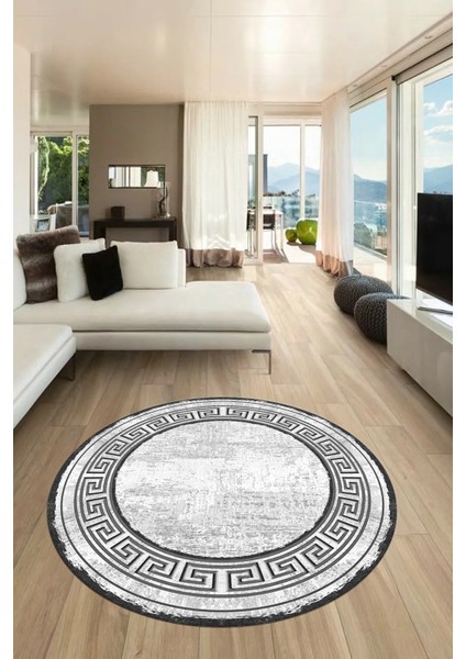 Tasarım Çerçeve Desenli Modern Yıkanabilir Mutfak Yuvarlak Salon Halısı, Y-Çerçeveli-09-Gri,