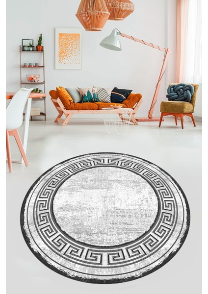Tasarım Çerçeve Desenli Modern Yıkanabilir Mutfak Yuvarlak Salon Halısı, Y-Çerçeveli-09-Gri, modelleri