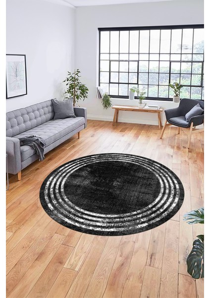 Çerçeve Modern Desen Yıkanabilir Kaymaz Yolluk Mutfak Yuvarlak Salon Halısı, Y-Çerçeve-32-Antrasit,