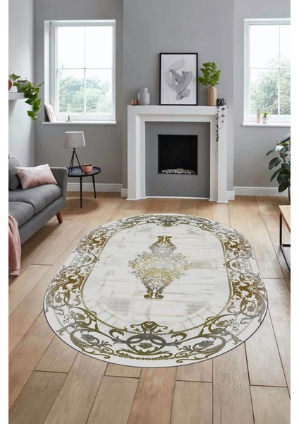 Klasik Çerçeve Desen Modern Yıkanabilir Yolluk Mutfak Oval Salon Halısı, O-Çerçeveli-19-Gold,