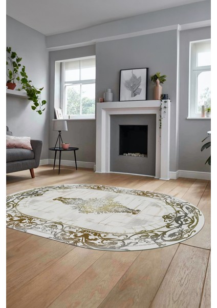 Klasik Çerçeve Desen Modern Yıkanabilir Yolluk Mutfak Oval Salon Halısı, O-Çerçeveli-19-Gold, fiyatları