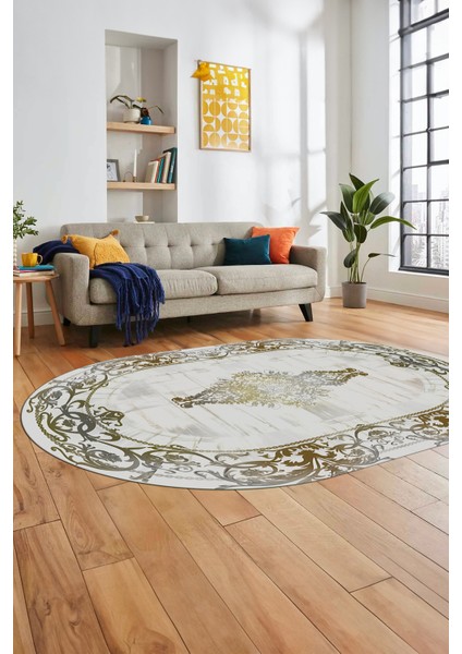 Klasik Çerçeve Desen Modern Yıkanabilir Yolluk Mutfak Oval Salon Halısı, O-Çerçeveli-19-Gold, fırsatları