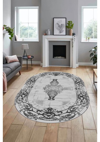 Klasik Çerçeve Desen Modern Yıkanabilir Yolluk Mutfak Oval Salon Halısı, O-Çerçeveli-19-Gri,