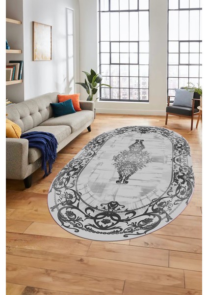 Klasik Çerçeve Desen Modern Yıkanabilir Yolluk Mutfak Oval Salon Halısı, O-Çerçeveli-19-Gri, modelleri