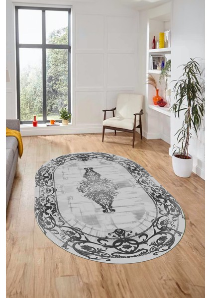 Klasik Çerçeve Desen Modern Yıkanabilir Yolluk Mutfak Oval Salon Halısı, O-Çerçeveli-19-Gri, indirimleri