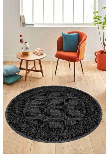 Etnik Çerçeve Desen Modern Yıkanabilir Yolluk Mutfak Yuvarlak Salon Halısı, Y-Çerçeveli-20-Antrasit,