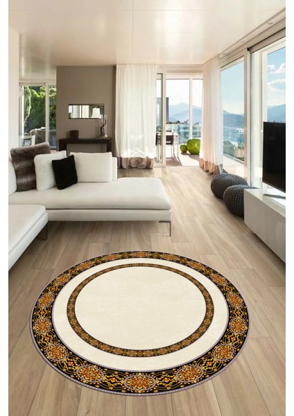 Dijital Kaymaz Yıkanabilir Çerçeveli Yuvarlak Yolluk Mutfak Salon Halısı, Y-Çerçeveli-48-Krem, modelleri