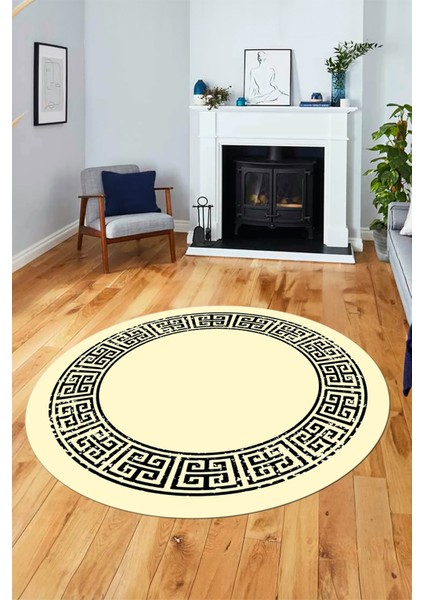 Şık Tasarım Yıkanabilir Kaymaz Taban Çerçeveli Yuvarlak Mutfak Salon Halısı, Y-Çerçeveli-36-Krem,