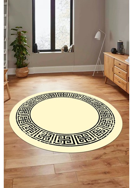 Şık Tasarım Yıkanabilir Kaymaz Taban Çerçeveli Yuvarlak Mutfak Salon Halısı, Y-Çerçeveli-36-Krem, fiyatları