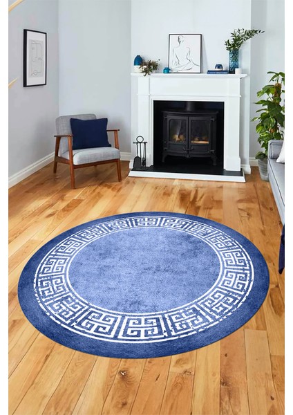 Şık Tasarım Yıkanabilir Kaymaz Taban Çerçeveli Yuvarlak Mutfak Salon Halısı, Y-Çerçeveli-36-Mavi,