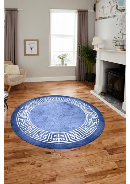 Şık Tasarım Yıkanabilir Kaymaz Taban Çerçeveli Yuvarlak Mutfak Salon Halısı, Y-Çerçeveli-36-Mavi, fırsatları