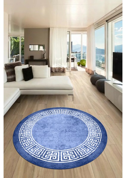 Şık Tasarım Yıkanabilir Kaymaz Taban Çerçeveli Yuvarlak Mutfak Salon Halısı, Y-Çerçeveli-36-Mavi, indirimleri