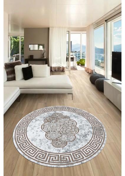 Dijital Kaymaz Yıkanabilir Modern Çerçeveli Yuvarlak Mutfak Salon Halısı, Y-Çerçeveli-04-Kahve,
