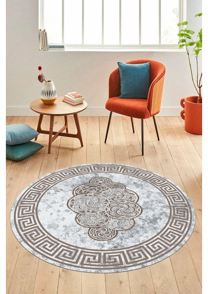 Dijital Kaymaz Yıkanabilir Modern Çerçeveli Yuvarlak Mutfak Salon Halısı, Y-Çerçeveli-04-Kahve,