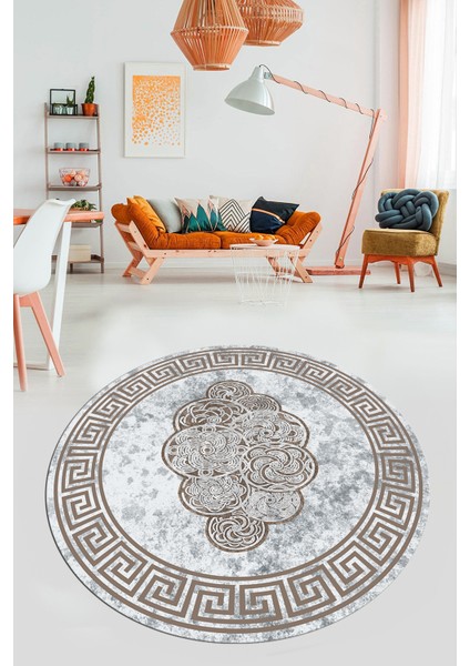 Dijital Kaymaz Yıkanabilir Modern Çerçeveli Yuvarlak Mutfak Salon Halısı, Y-Çerçeveli-04-Kahve,