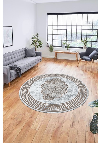 Dijital Kaymaz Yıkanabilir Modern Çerçeveli Yuvarlak Mutfak Salon Halısı, Y-Çerçeveli-04-Kahve,