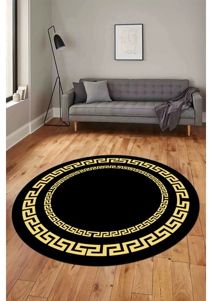 Dijital Kaymaz Yıkanabilir Çerçeveli Yuvarlak Yolluk Mutfak Salon Halısı, Y-Çerçeveli-47-Siyah,