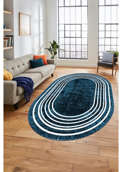 Dijital Kaymaz Yıkanabilir Çerçeveli Yolluk Mutfak Oval Salon Halısı, O-Çerçeveli-08-Mavi, indirimleri