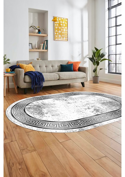 Şık Motifli Çerçeve Desen Modern Yıkanabilir Yolluk Mutfak Oval Salon Halısı, O-Çerçeveli-13-Gri, indirimleri