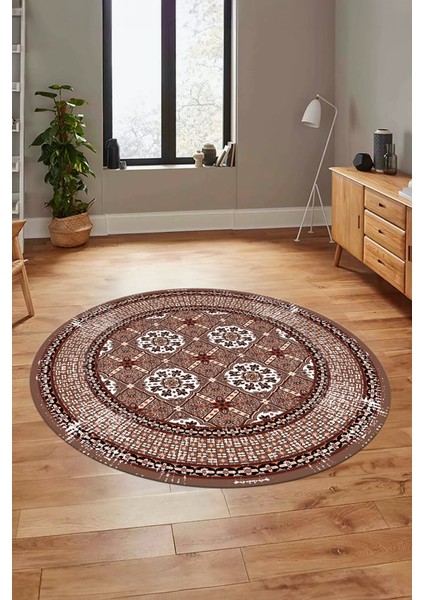 Etnik Çerçeve Desen Yıkanabilir Kaymaz Yolluk Mutfak Yuvarlak Salon Halısı, Y-Çerçeveli-26-Kahve,