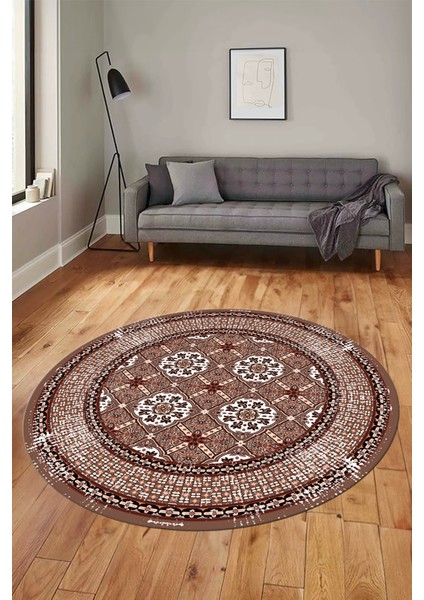 Etnik Çerçeve Desen Yıkanabilir Kaymaz Yolluk Mutfak Yuvarlak Salon Halısı, Y-Çerçeveli-26-Kahve,