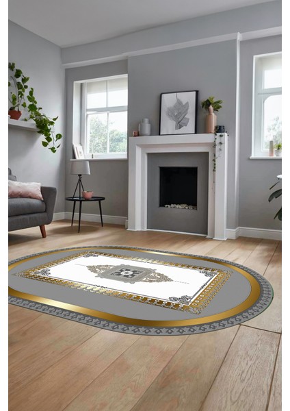 Klasik Çerçeve Desen Yıkanabilir Kaymaz Yolluk Mutfak Oval Salon Halısı, O-Çerçeveli-23-Gold,