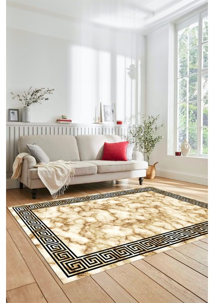 Mermer Çerçeve Desenli Modern Yıkanabilir Yolluk Mutfak Salon Halısı, Çerçeveli-17-Bej,