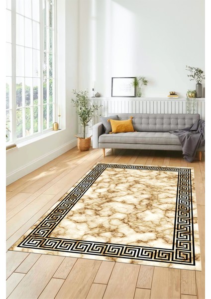 Mermer Çerçeve Desenli Modern Yıkanabilir Yolluk Mutfak Salon Halısı, Çerçeveli-17-Bej,
