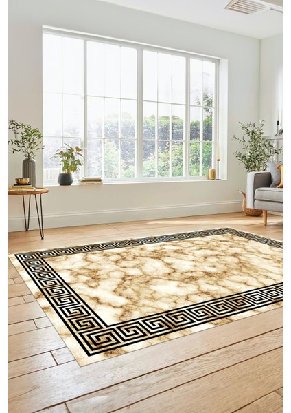 Mermer Çerçeve Desenli Modern Yıkanabilir Yolluk Mutfak Salon Halısı, Çerçeveli-17-Bej,