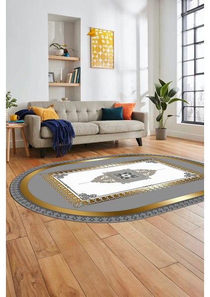 Klasik Çerçeve Desen Yıkanabilir Kaymaz Yolluk Mutfak Oval Salon Halısı, O-Çerçeveli-23-Gold, modelleri