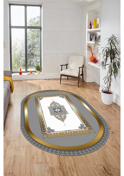 Klasik Çerçeve Desen Yıkanabilir Kaymaz Yolluk Mutfak Oval Salon Halısı, O-Çerçeveli-23-Gold, fırsatları