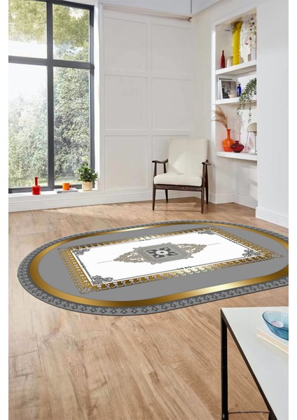 Klasik Çerçeve Desen Yıkanabilir Kaymaz Yolluk Mutfak Oval Salon Halısı, O-Çerçeveli-23-Gold, indirimleri