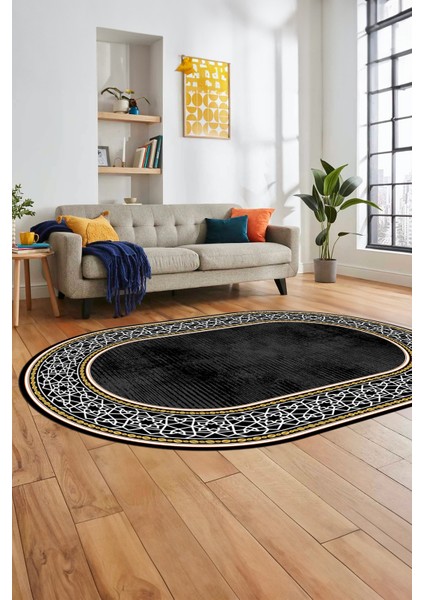 Dijital Kaymaz Yıkanabilir Çerçeveli Yolluk Mutfak Oval Salon Halısı, O-Çerçeveli-35-Siyah,