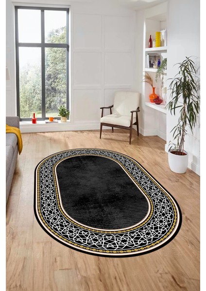 Dijital Kaymaz Yıkanabilir Çerçeveli Yolluk Mutfak Oval Salon Halısı, O-Çerçeveli-35-Siyah, fiyatları