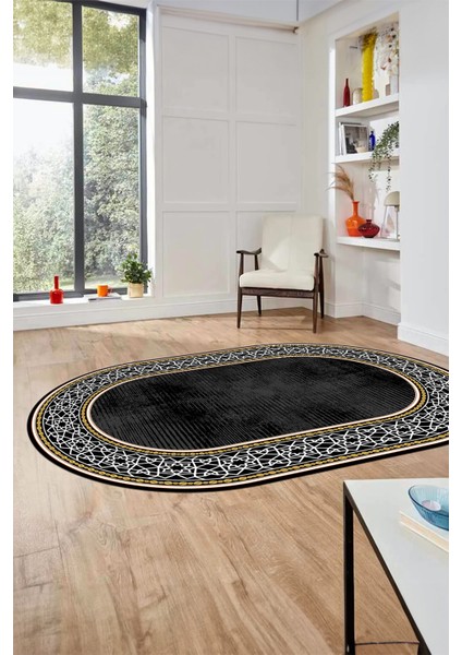 Dijital Kaymaz Yıkanabilir Çerçeveli Yolluk Mutfak Oval Salon Halısı, O-Çerçeveli-35-Siyah, modelleri