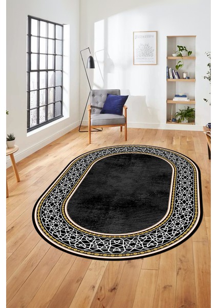 Dijital Kaymaz Yıkanabilir Çerçeveli Yolluk Mutfak Oval Salon Halısı, O-Çerçeveli-35-Siyah, fırsatları