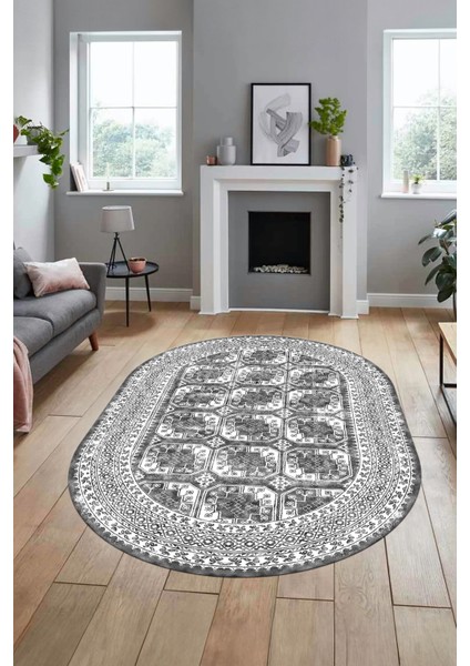 Etnik Çerçeve Desen Modern Yıkanabilir Yolluk Mutfak Oval Salon Halısı, O-Çerçeveli-20-Gri,