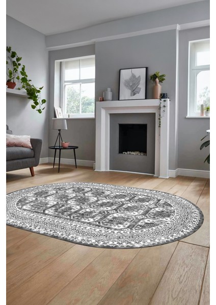 Etnik Çerçeve Desen Modern Yıkanabilir Yolluk Mutfak Oval Salon Halısı, O-Çerçeveli-20-Gri, fiyatları