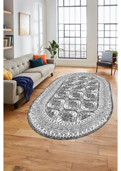 Etnik Çerçeve Desen Modern Yıkanabilir Yolluk Mutfak Oval Salon Halısı, O-Çerçeveli-20-Gri, modelleri