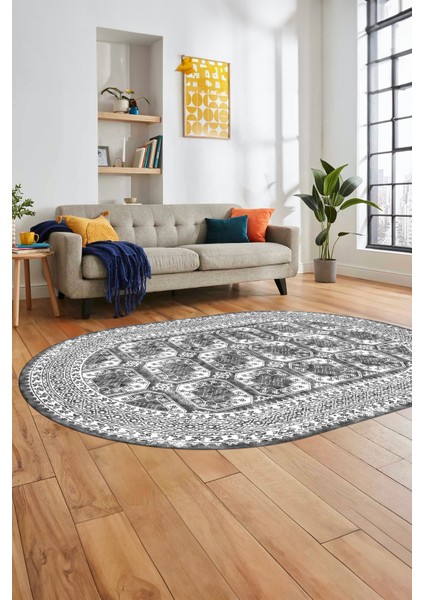 Etnik Çerçeve Desen Modern Yıkanabilir Yolluk Mutfak Oval Salon Halısı, O-Çerçeveli-20-Gri, fırsatları
