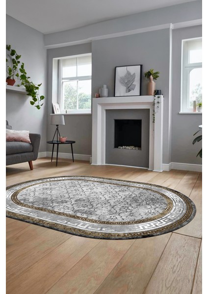 Şık Tasarım Çerçeve Desenli Modern Yıkanabilir Mutfak Oval Salon Halısı, O-Çerçeveli-10-Kahve, modelleri