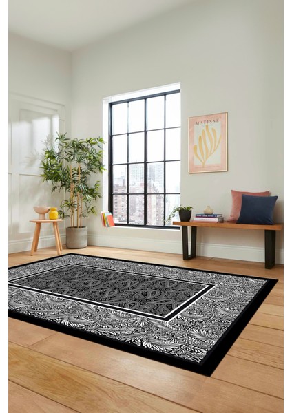 Çiçekli Tasarım Yıkanabilir Kaymaz Taban Çerçeveli Mutfak Salon Halısı, Çerçeveli-37-Siyah, indirimleri