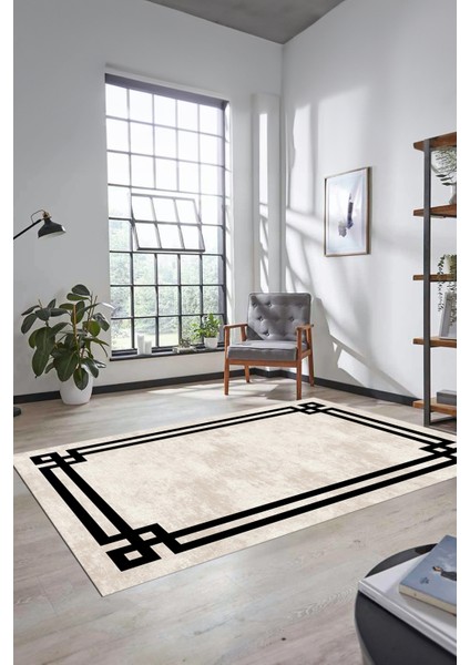 Çerçeveli Sade Desenli Yıkanabilir Kaymaz Yolluk Mutfak Salon Halısı, Çerçeveli-33-Krem, modelleri