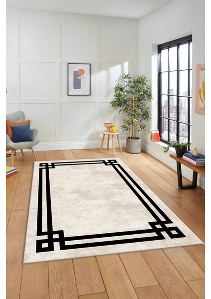Çerçeveli Sade Desenli Yıkanabilir Kaymaz Yolluk Mutfak Salon Halısı, Çerçeveli-33-Krem, fırsatları