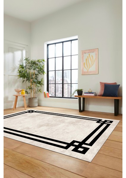 Çerçeveli Sade Desenli Yıkanabilir Kaymaz Yolluk Mutfak Salon Halısı, Çerçeveli-33-Krem, indirimleri