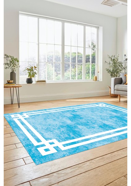 Çerçeveli Sade Desenli Yıkanabilir Kaymaz Yolluk Mutfak Salon Halısı, Çerçeveli-33-Mavi,