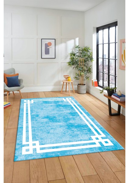 Çerçeveli Sade Desenli Yıkanabilir Kaymaz Yolluk Mutfak Salon Halısı, Çerçeveli-33-Mavi, fırsatları