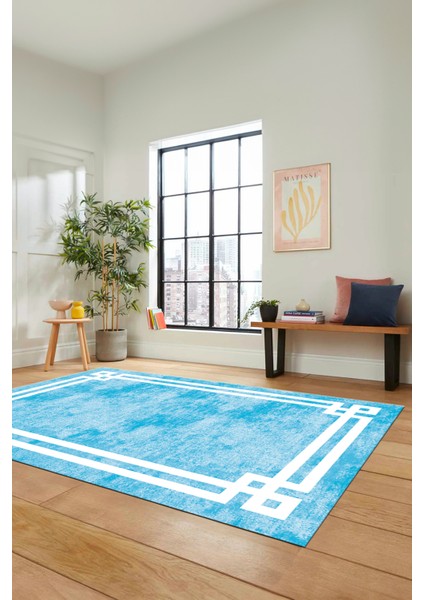 Çerçeveli Sade Desenli Yıkanabilir Kaymaz Yolluk Mutfak Salon Halısı, Çerçeveli-33-Mavi, indirimleri