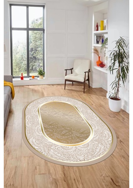 Çiçekli Tasarım Yıkanabilir Kaymaz Taban Çerçeveli Oval Mutfak Salon Halısı, O-Çerçeveli-37-Gold,